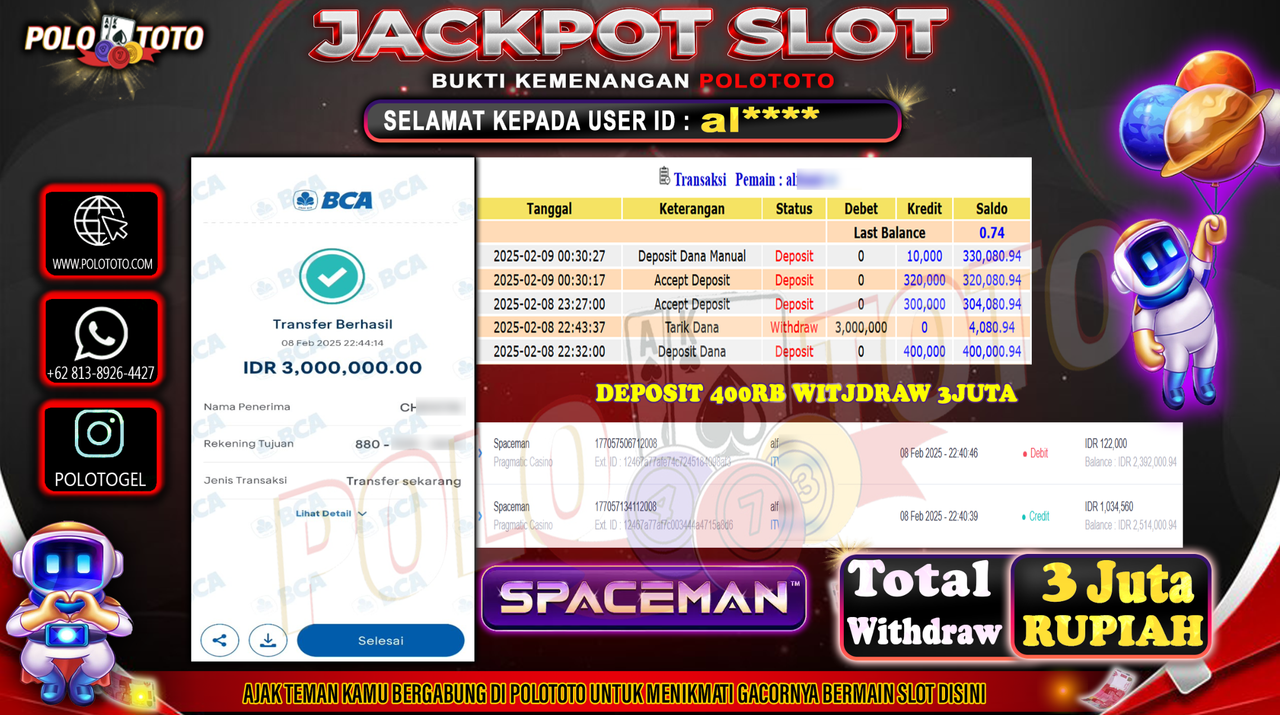 POLOTOTO JACKPOT SLOT SPACEMAN Rp.3,000.000,-