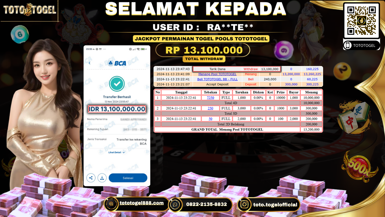 Bukti Pembayaran Jackpot Permainan Togel Pools TotoTogel ID: RA**TE** LUNAS 