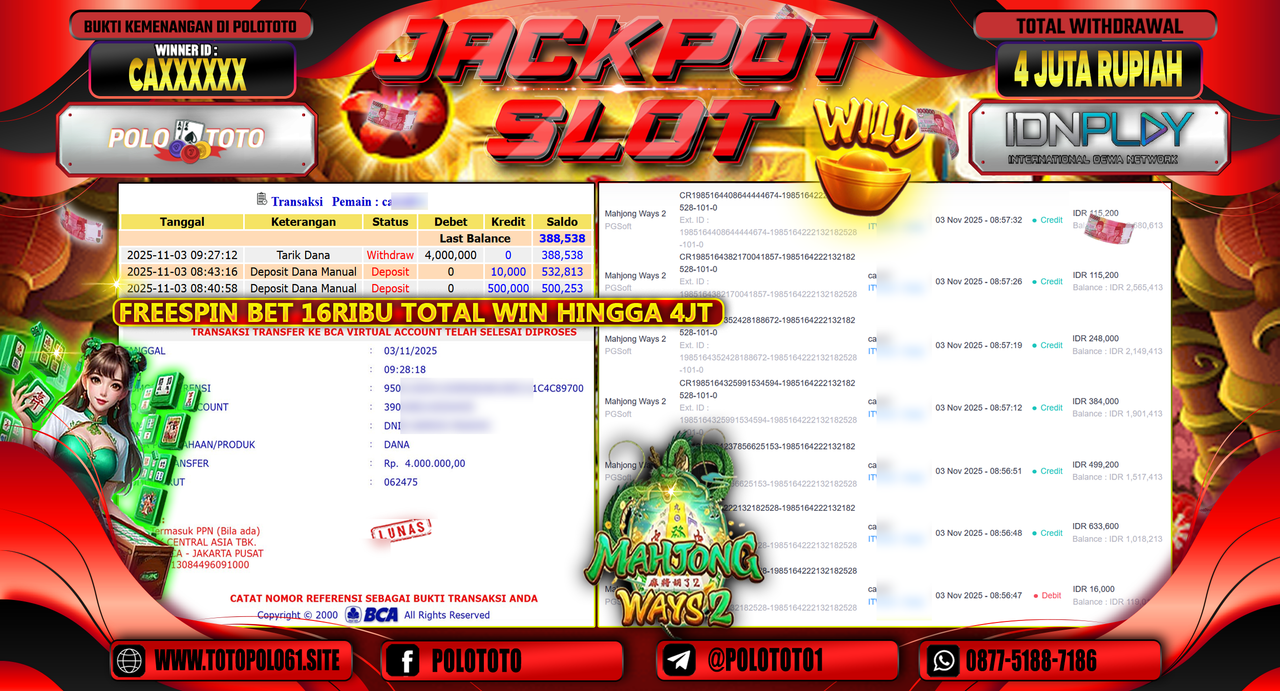 POLOTOTO JACKPOT SLOT MAHJONG WAYS 2 Rp.4.000.000,- LUNAS