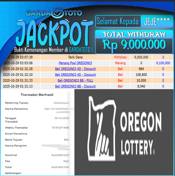 JACKPOT TOGEL DI PASARAN OREGON03 Rp 9.000.000,- DIBAYAR LUNAS!!!