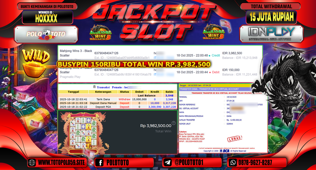 POLOTOTO JACKPOT SLOT MAHJONG WINS 3 - BLACK SCATTER Rp.15.000.000,- LUNAS