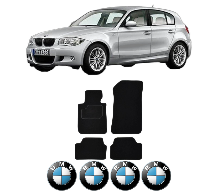 Set Covorase Presuri BMW Seria 1 (E87) din 2004-2011, Auto, Material Textil Mocheta, 4 Stickere auto cu BMW