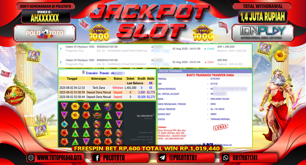 POLOTOTO JACKPOT SLOT GATES OF OLYMPUS 1000 Rp.1.400.000,-LUNAS