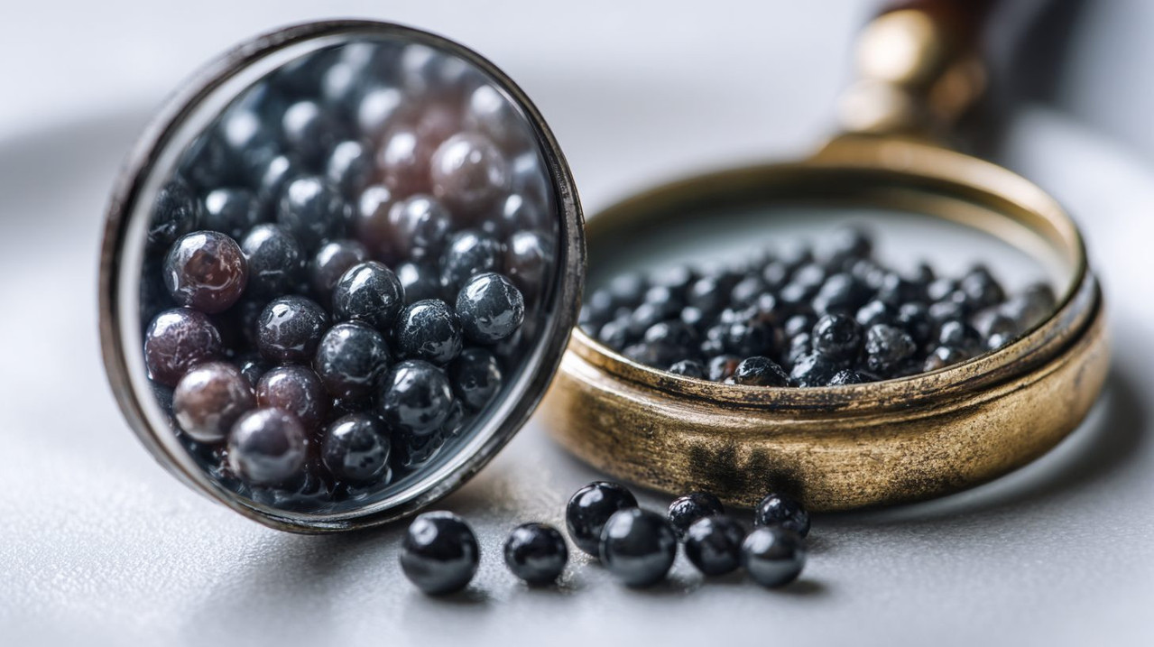 Сравнение настоящей и поддельной черной икры под лупой