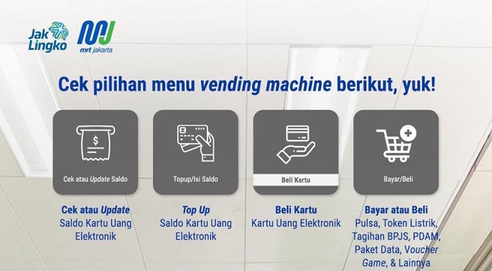 PT MRT Jakarta menyediakan layanan mesin kartu uang elektronik yang melayani pengecekan saldo, pengisian ulang, hingga penjualan.