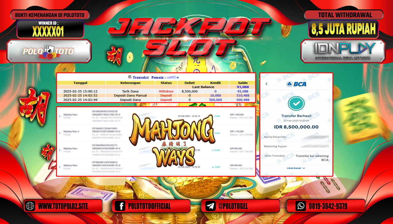 POLOTOTO JACKPOT SLOT MAHJONG WAYS Rp.8.500.000,- LUNAS