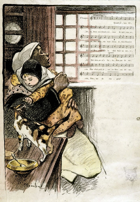 Theophile-Alexandre-Steinlen-Child-in-the-arms-of-a-woman-playing-with-a-cat-ill-Steinlen-for-shee
