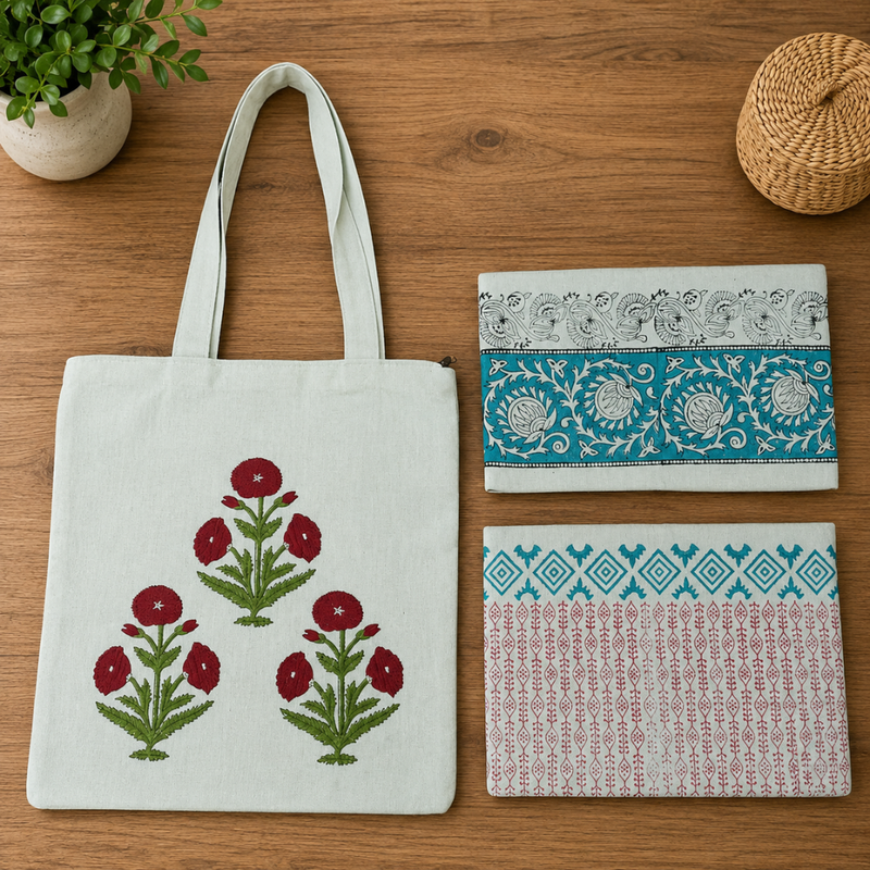 Qyaari by Penkraft Hand Block Printed Tote Bags – Set of 3 Pattern 3