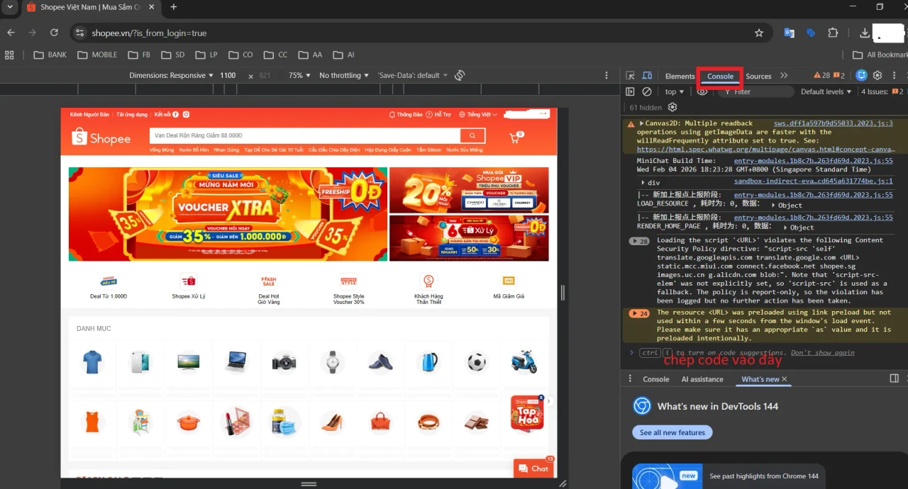 Phím tắt mở Console