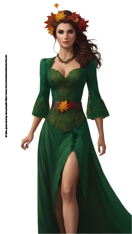 naturally-beautiful-woman-with-autumn-wineleaves-in-her-hair-and-a-green-dress-front-view-full-bod (