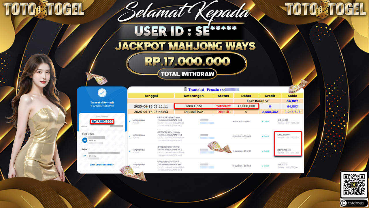 Bukti Pembayaran Jackpot Permainan Slot Mahjong Ways ID:SE***** LUNAS