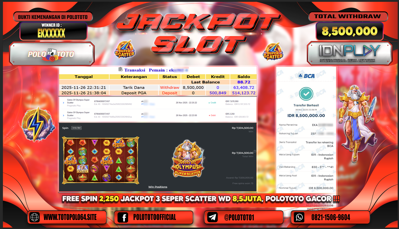 POLOTOTO JACKPOT SLOT GATES OF OLYMPUS SUPER SCATTER Rp.8.500.000,- LUNAS