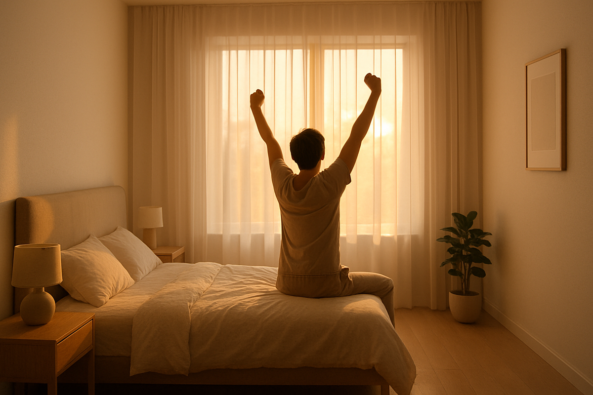 Person stretching in bed during sunrise