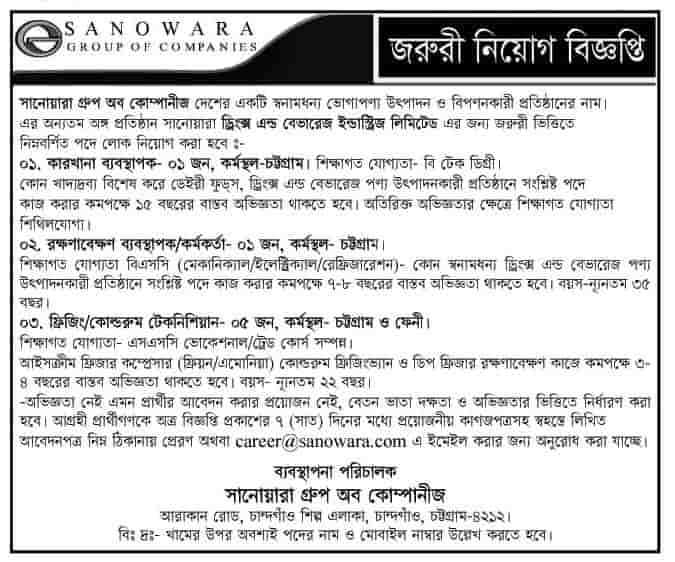 সানোয়ারা গ্রুপ অব কোম্পানীতে নতুন নিয়োগ বিজ্ঞপ্তি | SANOWARA Group Job Circular 2022