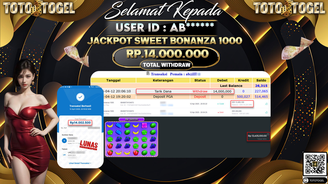 Bukti Pembayaran Jackpot  Permainan Slot Sweet Bonanza 1000 ID:AB****** LUNAS