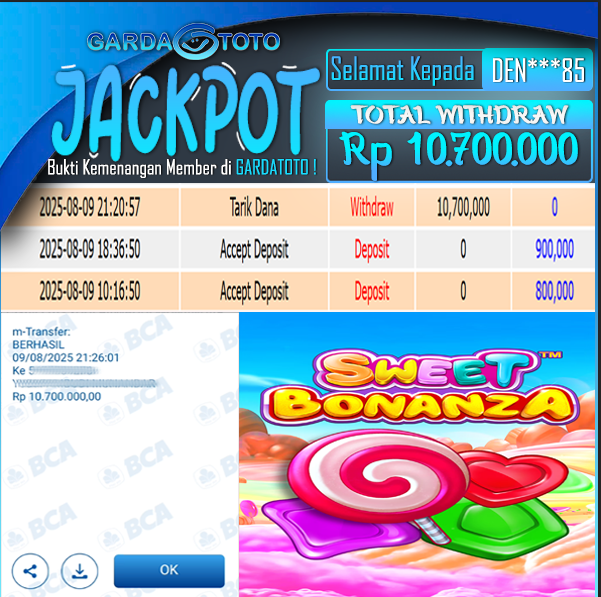 JACKPOT MAIN DI SLOT PRAGMATIC PLAY SWEET BONANZA  WD Rp 10,700,000,- DIBAYAR LUNAS GARDATOTO