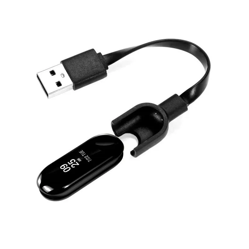 Un cable cargador de repuesto de color negro con un extremo USB estándar y el conector específico para la Xiaomi Mi Band 3.