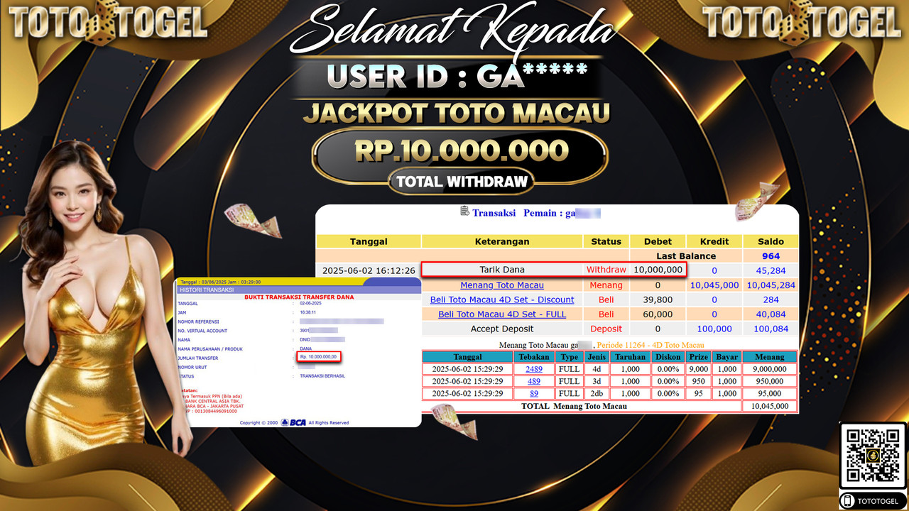 Bukti Pembayaran Jackpot Permainan Togel Toto Macau ID:GA***** LUNAS