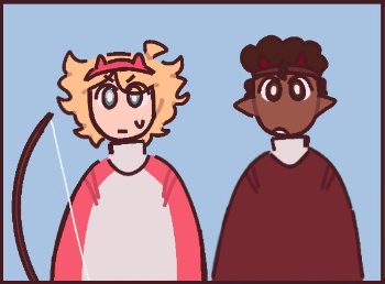 a comic of c!eryn and c!tommy by saraahwbf. it shows them standing next to each other, tommy holding a bow and sweating, both staring off the screen at a target. the comic is cropped to one panel and is resized smaller.