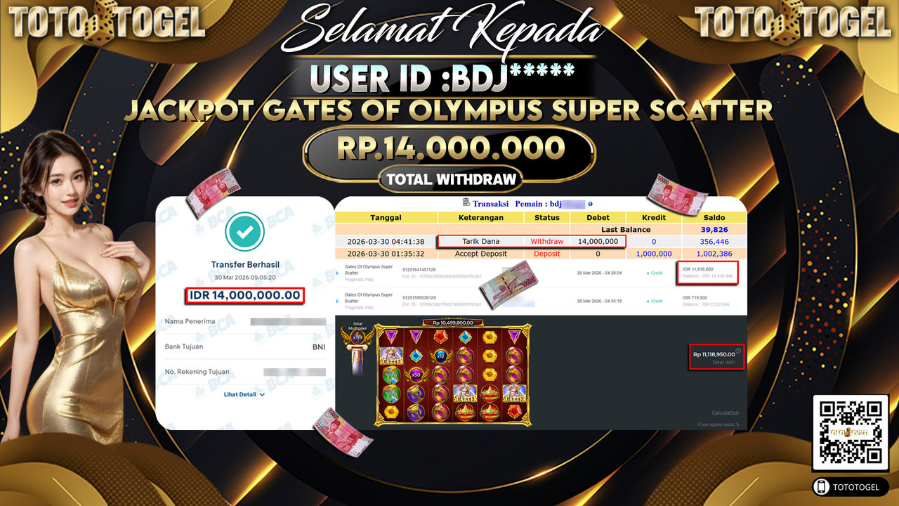 Bukti Pembayaran Jackpot Permainan Slot Gates Of Olympus Super Scatter ID:BDJ*****LUNAS