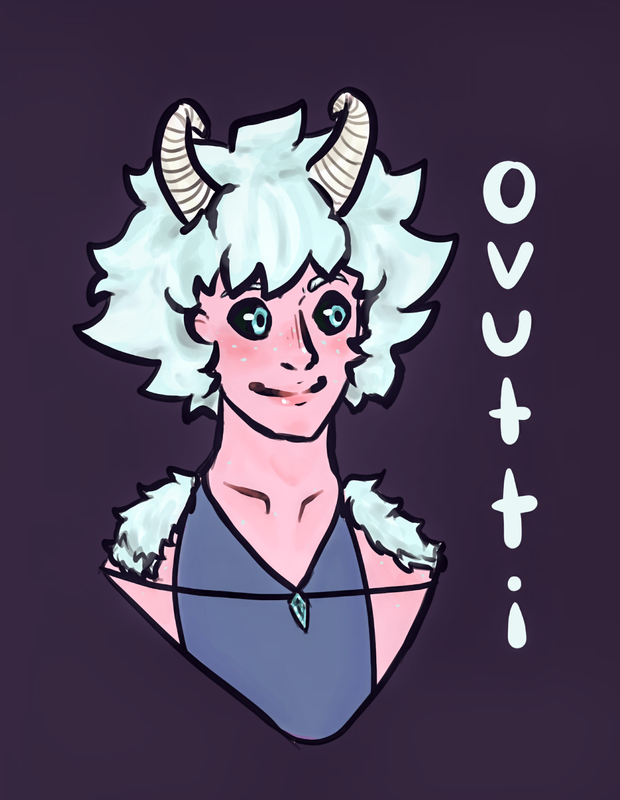 Ovutti: a pink skinned alien with icey blue hair, curved white horns and black sclaread eyes, strongly resembling Mina