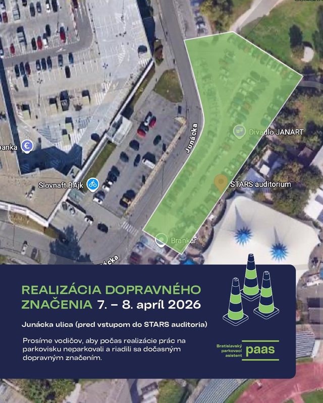 Uzávierka v Novom Meste na Junáckej ulici v dňoch 7. a 8. apríla 2026 pre vyznačovanie parkovacích miesta PAAS.