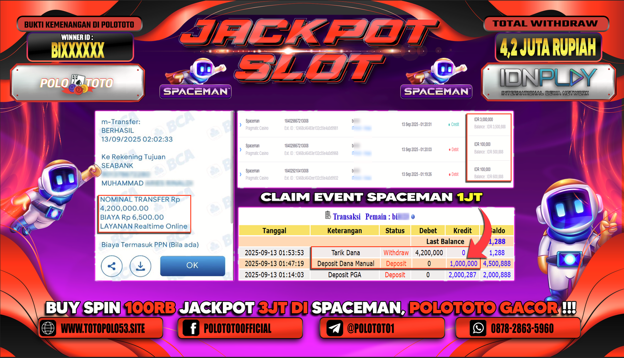 POLOTOTO JACKPOT SLOT SPACEMAN Rp.4.200.000,-