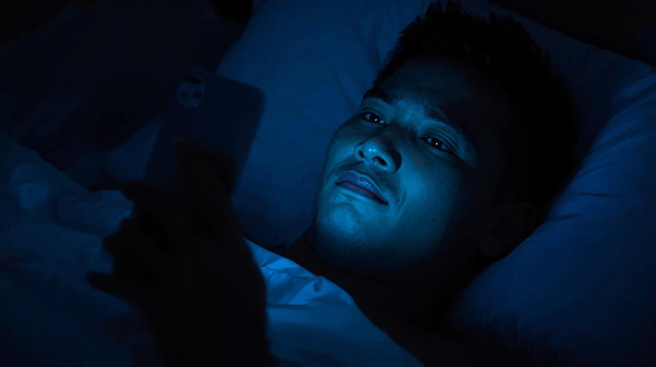 Pessoa cansada olhando celular deitada