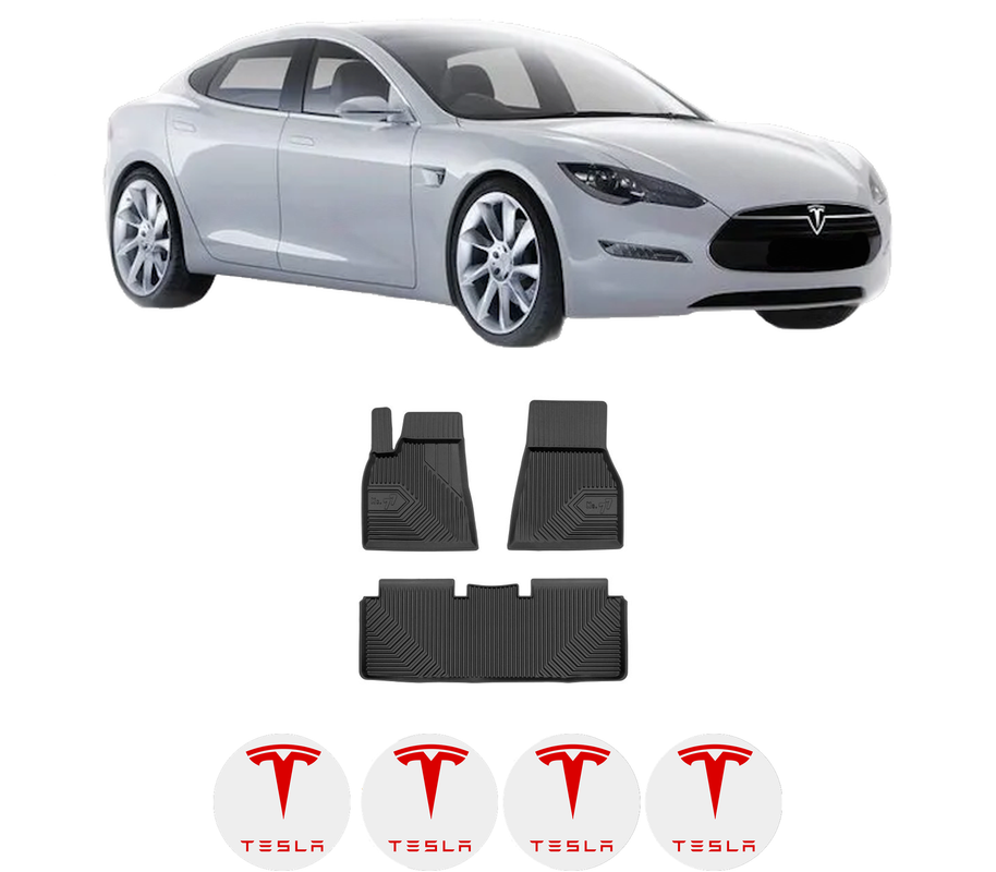 Set covorase presuri TESLA MODEL S din 2012-2016, auto, din cauciuc thermoplastic, 4 Stickere auto cu TESLA