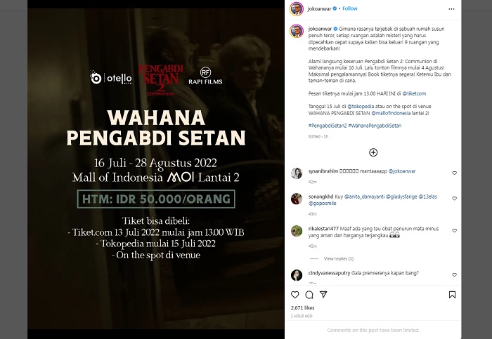 Wahana Pengabdi Setan 2 akan segera hadir di Mall of Indonesia Lantai 2, diselenggarakan mulai 16 Juli - 28 Agustus 2022 mendatang.