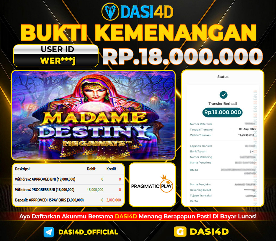 BUKTI KEMENANGAN 09 AGUSTUS 2025 DI MADAME DESTINY WD 18.000.000