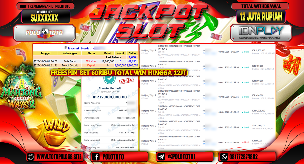 POLOTOTO JACKPOT SLOT MAHJONG WAYS 2 Rp.12.000.000,- LUNAS