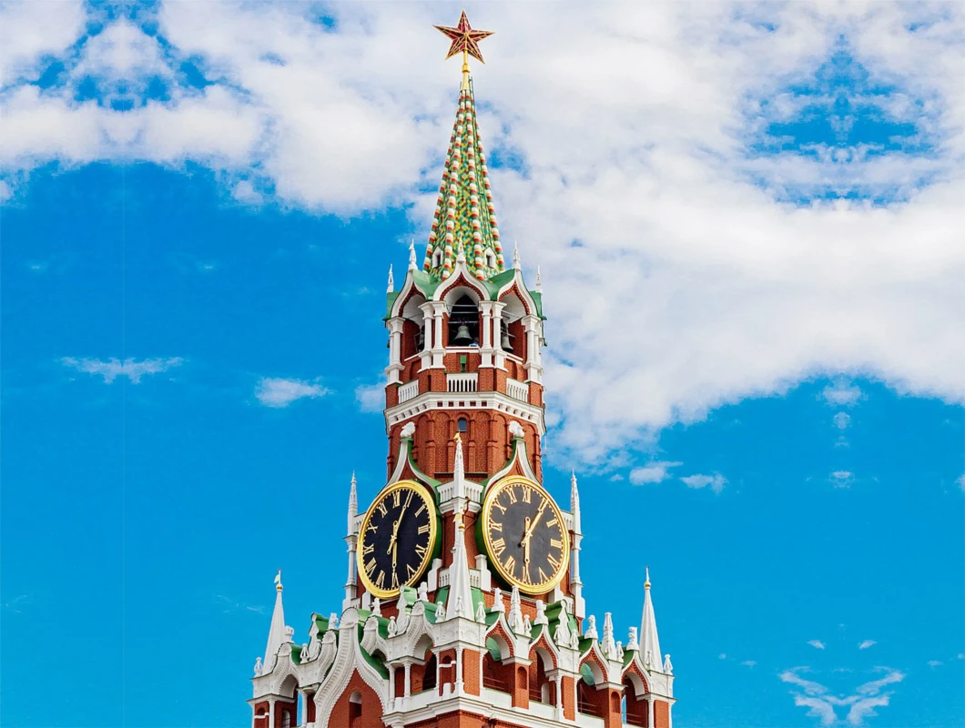 Spasskaya Tower with its clock and ruby star at the top of the Kremlin wall