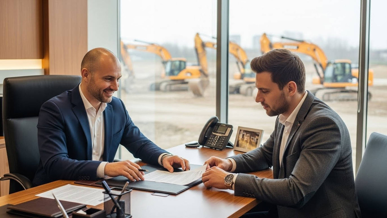 Менеджер лизинговой компании показывает договор застройщику