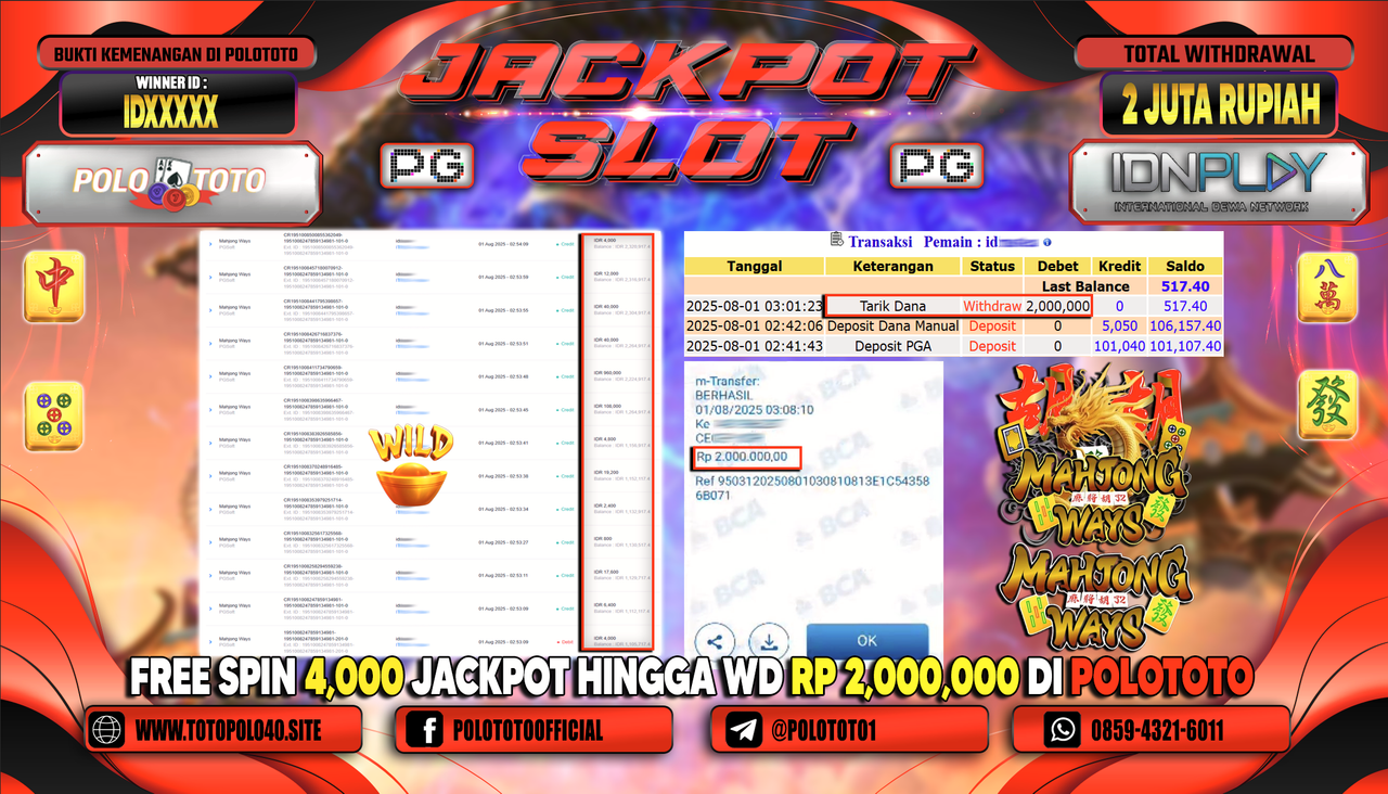 POLOTOTO JACKPOT SLOT MAHJONG WAYS Rp.2.000.000,-LUNAS