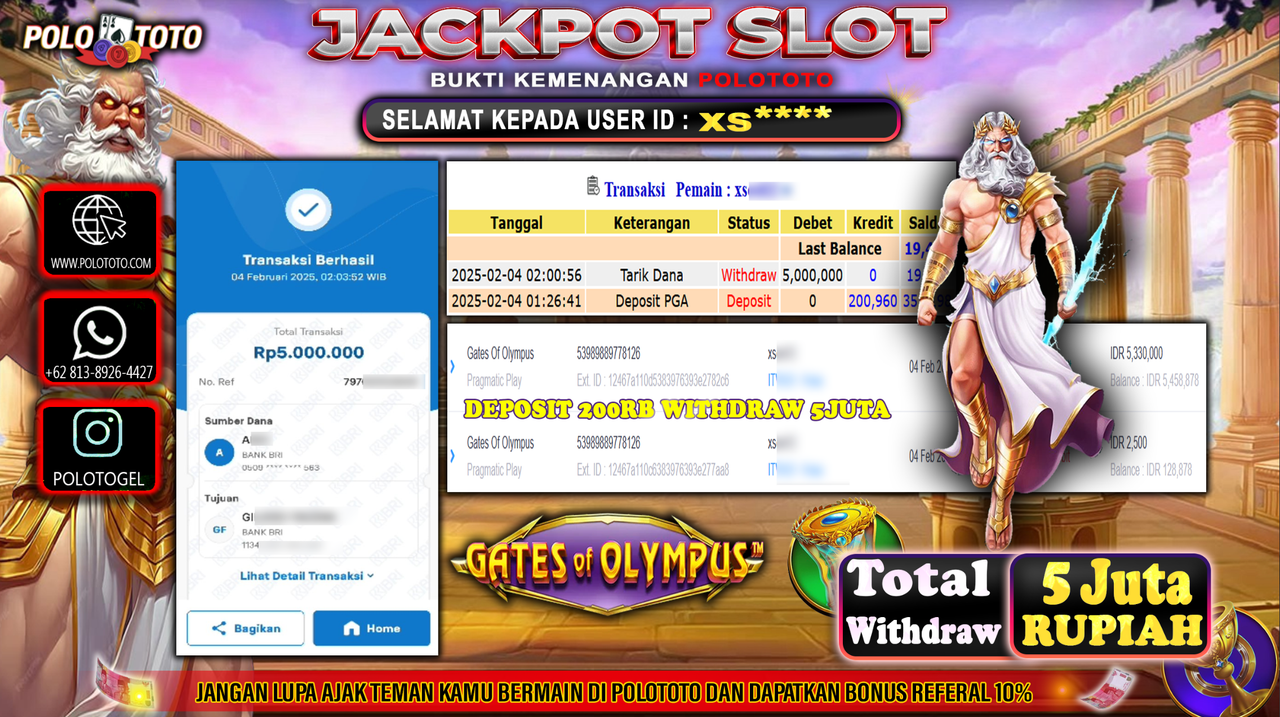 POLOTOTO JACKPOT SLOT GATES OF OLYMPUS Rp.5,000.000,-