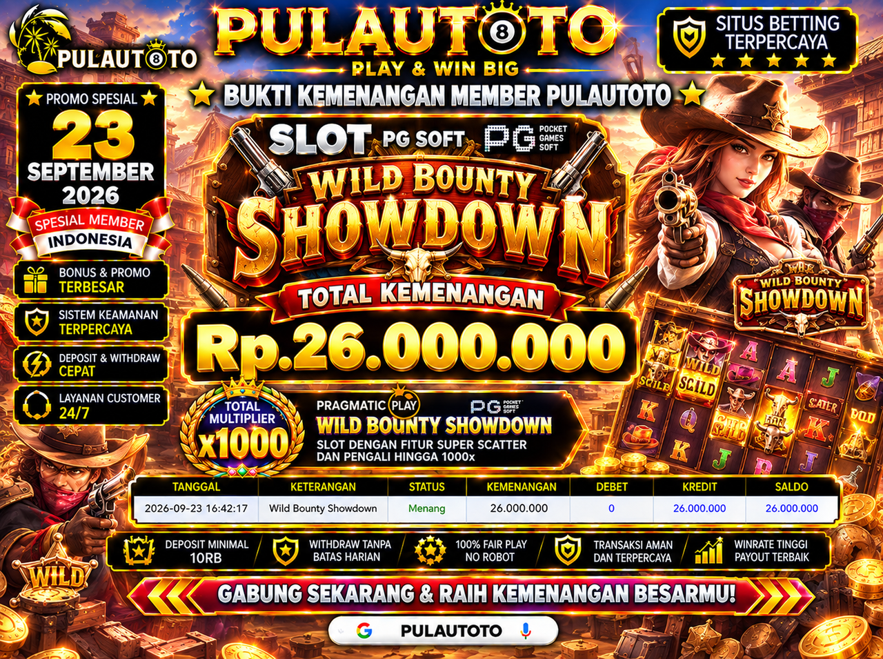 🏆BUKTI KEMENANGAN MEMBER PULAUTOTO KEMENANGAN SLOT WILD BOUNTY SHOWDOWN 🏆