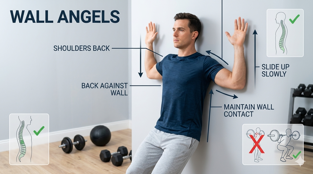 Person performing wall angels against wall for how to correct your posture for better lifting form