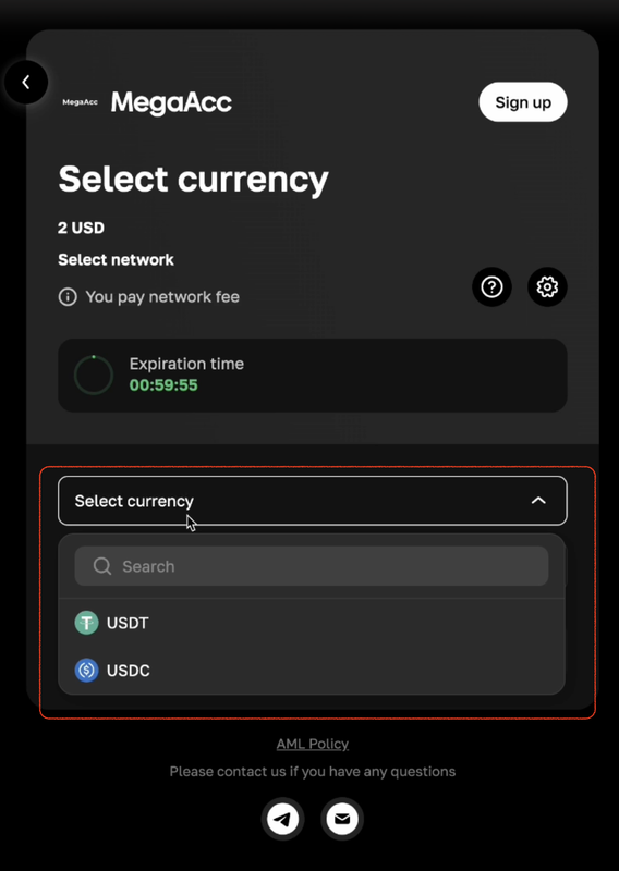 Select cryptocurrency payment method - USDT, USDC, BTC, ETH options available
