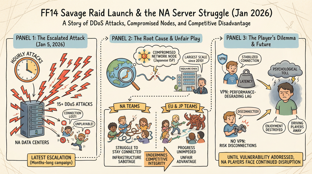 Final Fantasy 14 MMORPG showing raid content and server issues