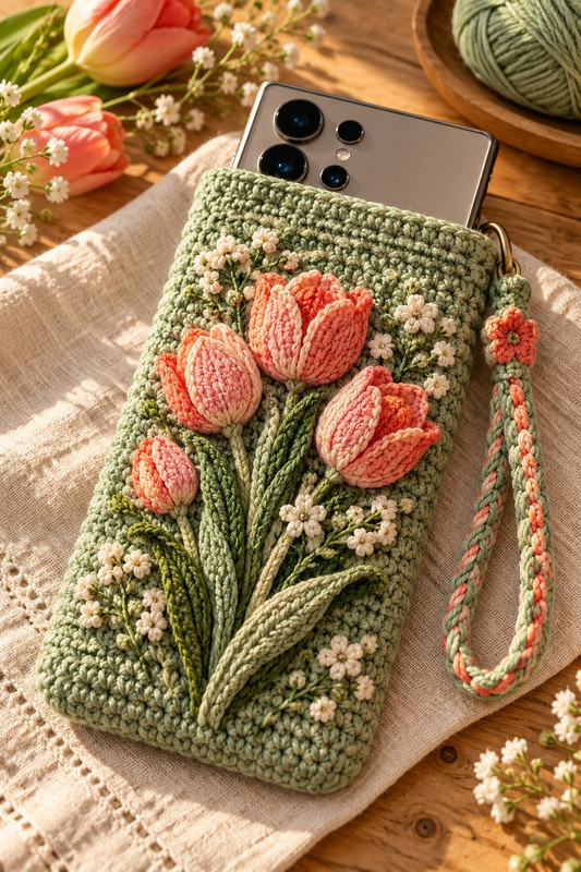 Coral Tulip Garden handmade crochet phone pouch for Galaxy S26 Ultra