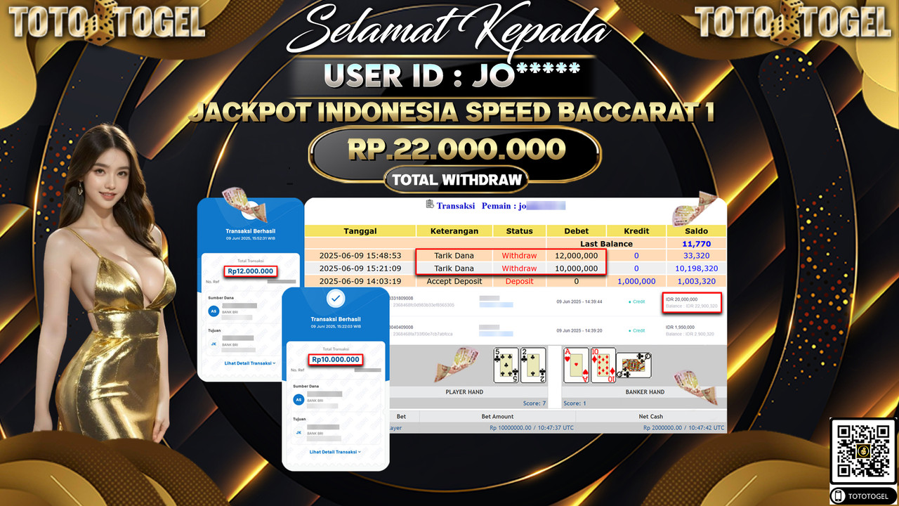 Bukti Pembayaran Jackpot Permainan Live Game Indonesia Speed Baccarat 1 ID:JO***** LUNAS