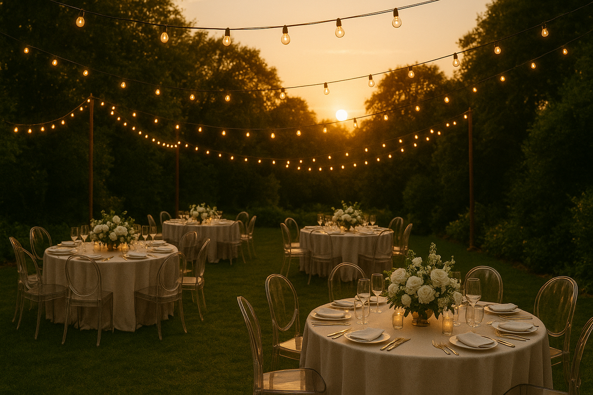 Свадебный банкет на открытом воздухе с арендованной мебелью и декором
