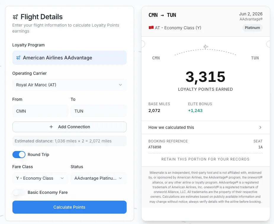AAdvantage earnings calculator for Royal Air Maroc