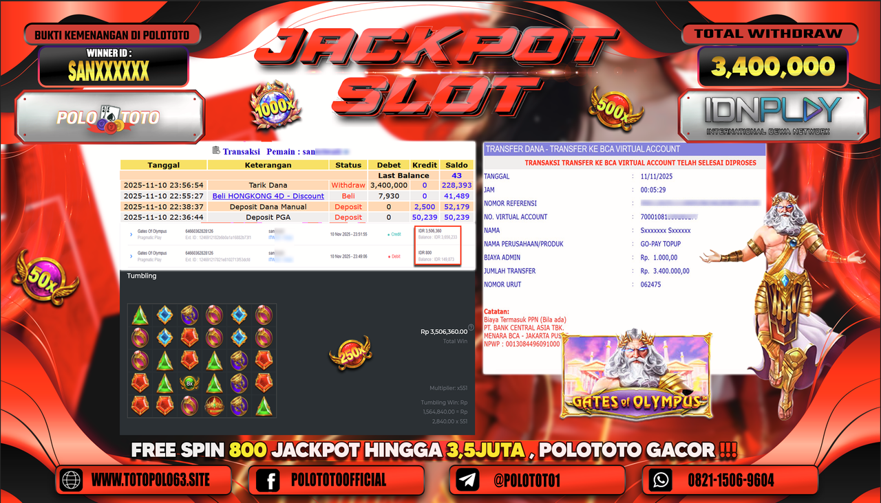 POLOTOTO JACKPOT SLOT GATES OF OLYMPUS Rp.3.400.000,- LUNAS