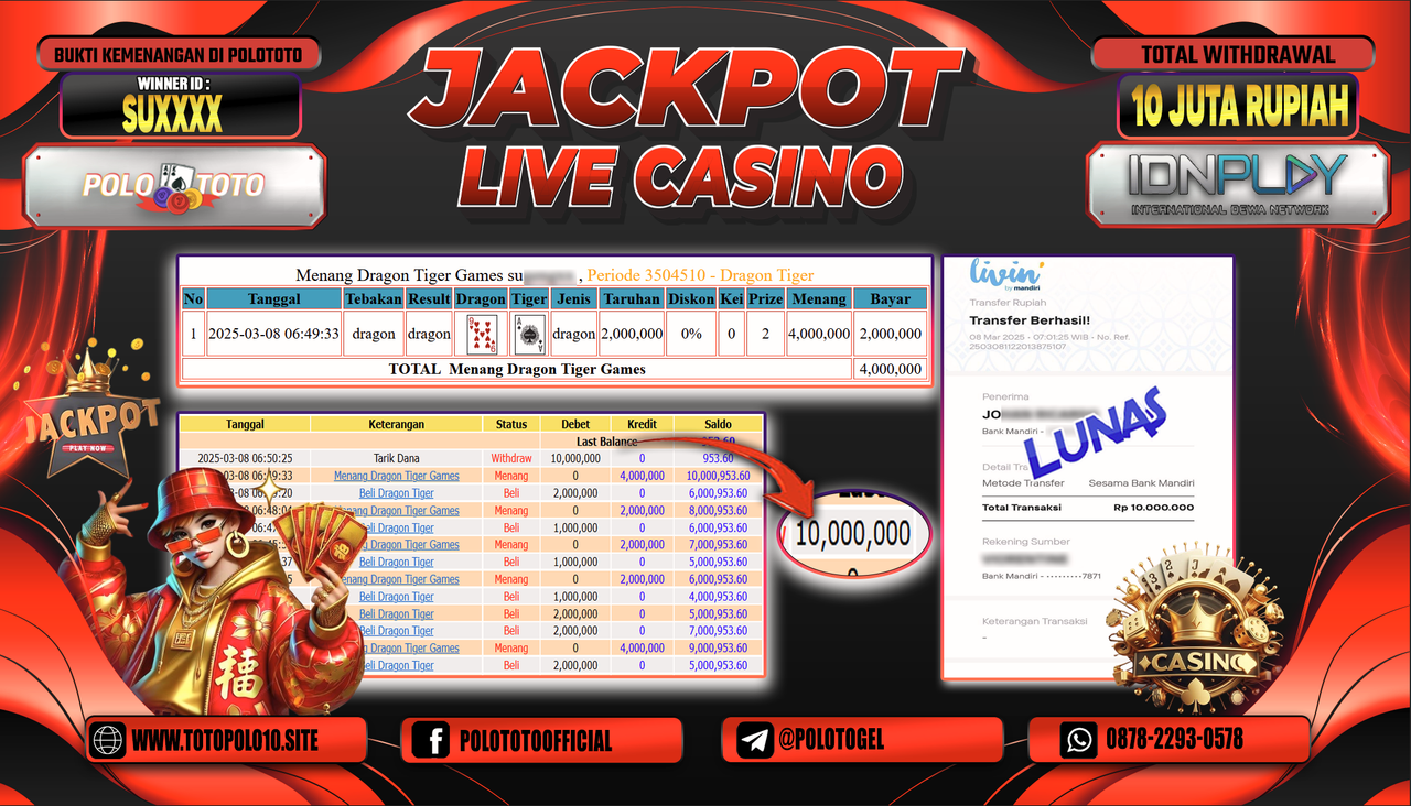 POLOTOTO JACKPOT LIVE CASINO DRAGON TIGER Rp.10.000.000,-