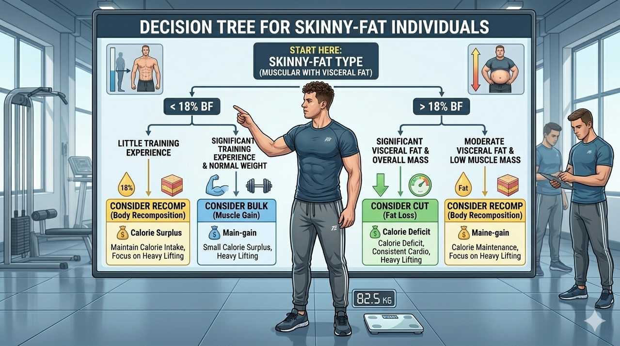 Decision tree flowchart for skinny-fat individuals showing cut bulk or recomp based on body fat percentage thresholds with visual icons