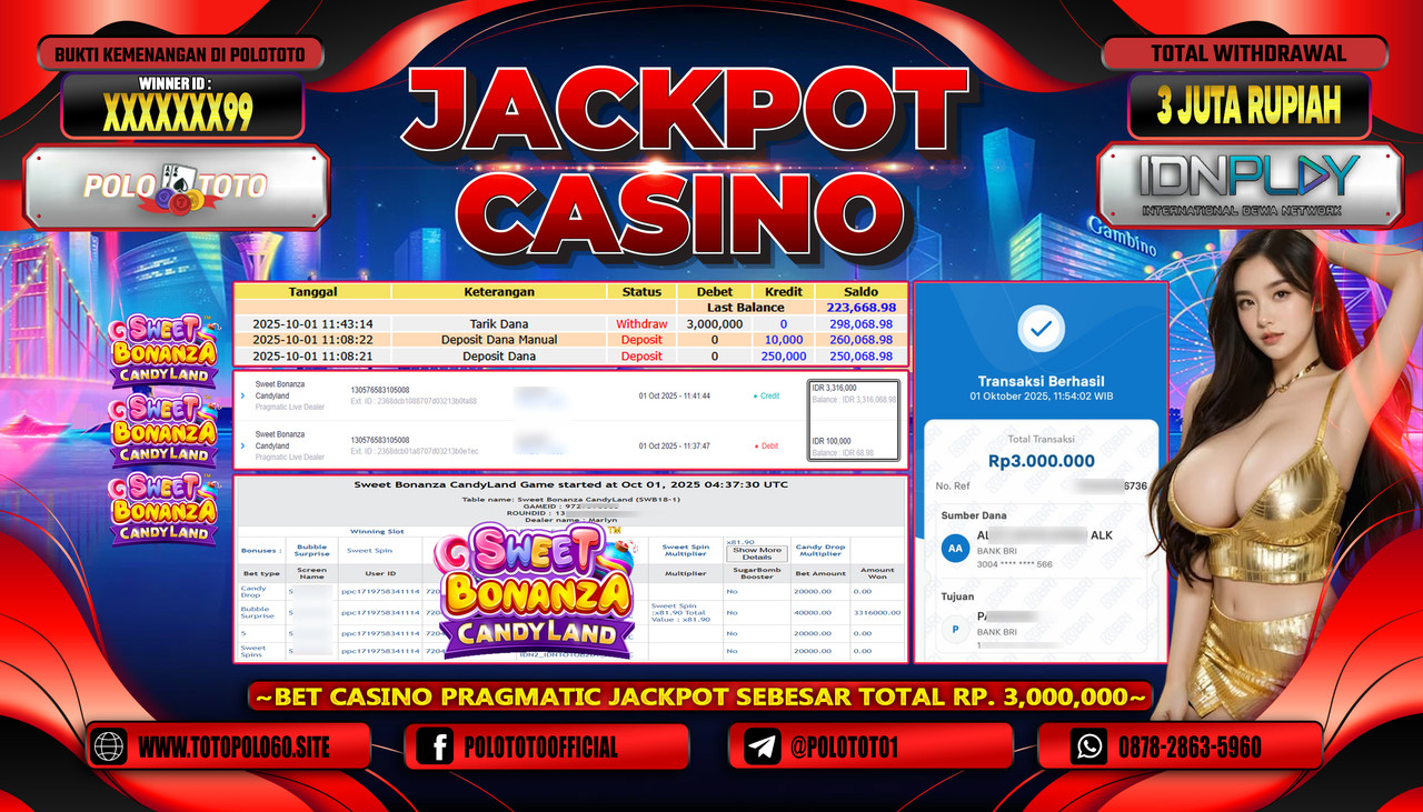 POLOTOTO JACKPOT SLOT SWEET BONANZA CANDYLAND Rp.3.000.000,- LUNAS
