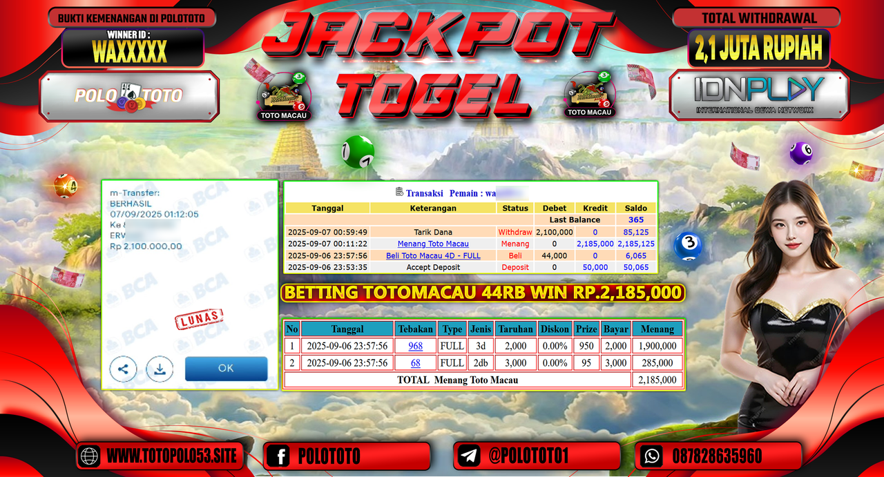 POLOTOTO JACKPOT TOGEL TOTO MACAU Rp.2.100.000,-