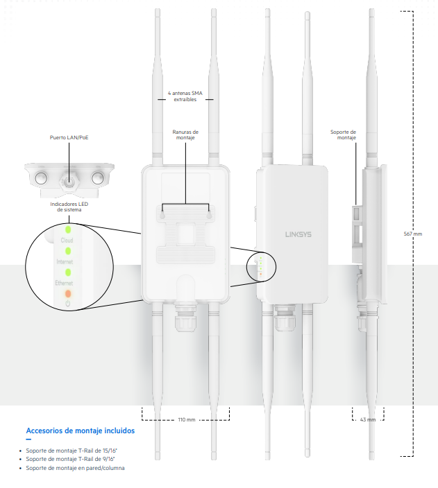 Access Point para exterior Linksys LAPAC1300CE mostrando sus antenas removibles.